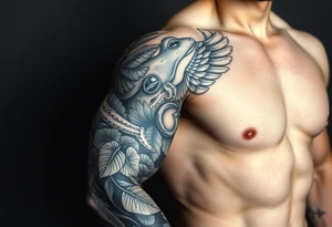 Full Sleeve tattoo including details of jungle leaves, Taino frog , Puerto Rican tribal patterns, angel wing tattoo idea