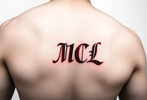 realistic tattoo design of "MCL" on upper left  side of chest, shaded to look as if tattoo was carved into the skin, red and black tattoo idea