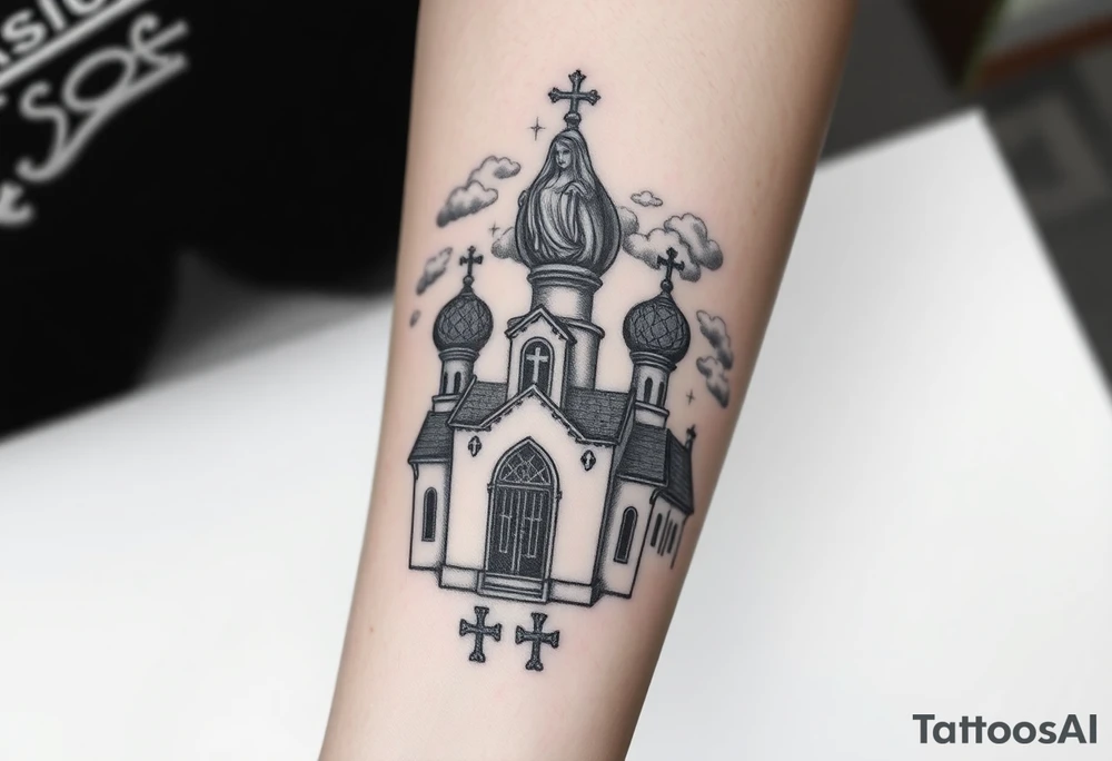 Russian Orthodox church with orthodox spire crosses, with clouds above it and a virgin mary over looking sat above tattoo idea