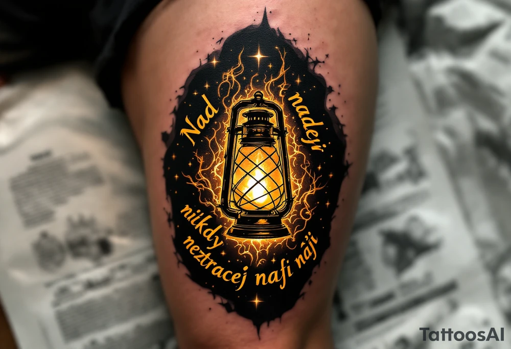 "Nad nadeji nikdy neztracej nadeji." — A glowing lantern in darkness, inked in warm yellows and golds, lighting up the quote around it in clean black serif. tattoo idea