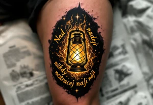 "Nad nadeji nikdy neztracej nadeji." — A glowing lantern in darkness, inked in warm yellows and golds, lighting up the quote around it in clean black serif. tattoo idea