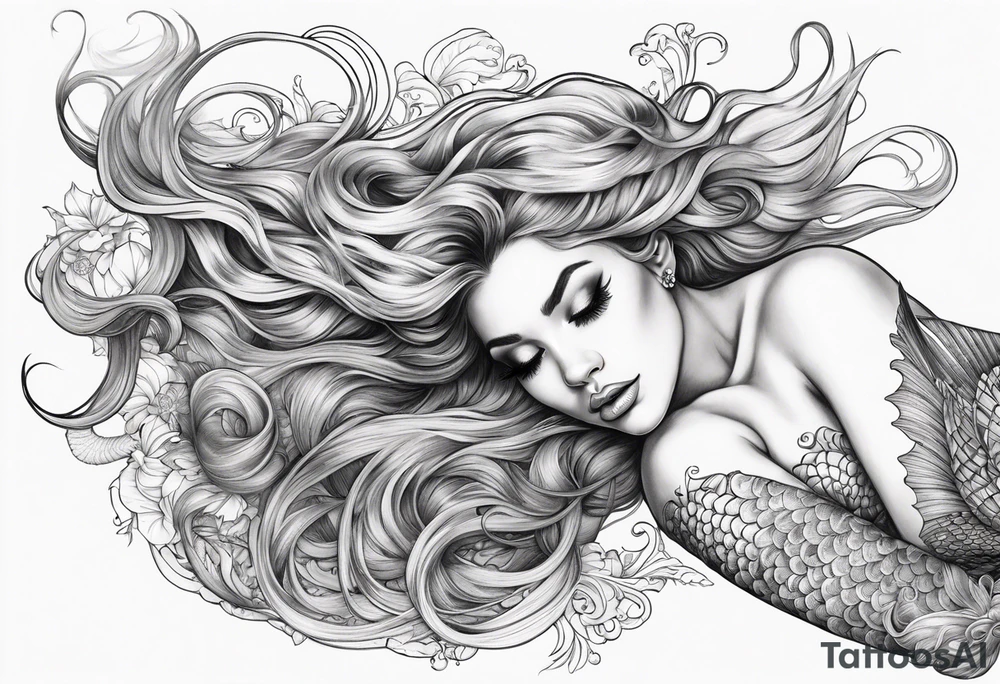 full body mermaid lying on her back with flowing hair and fan tail tattoo idea