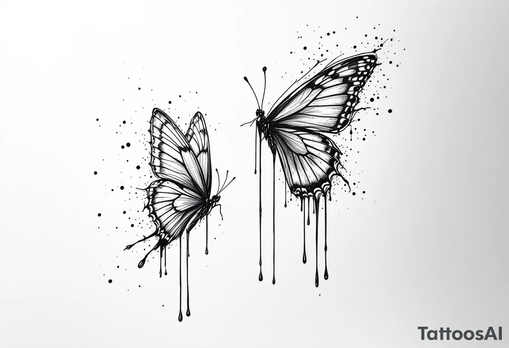 Bleeding butterfly and a second one who is in mental horror style and his placement is left and down from the first one tattoo idea