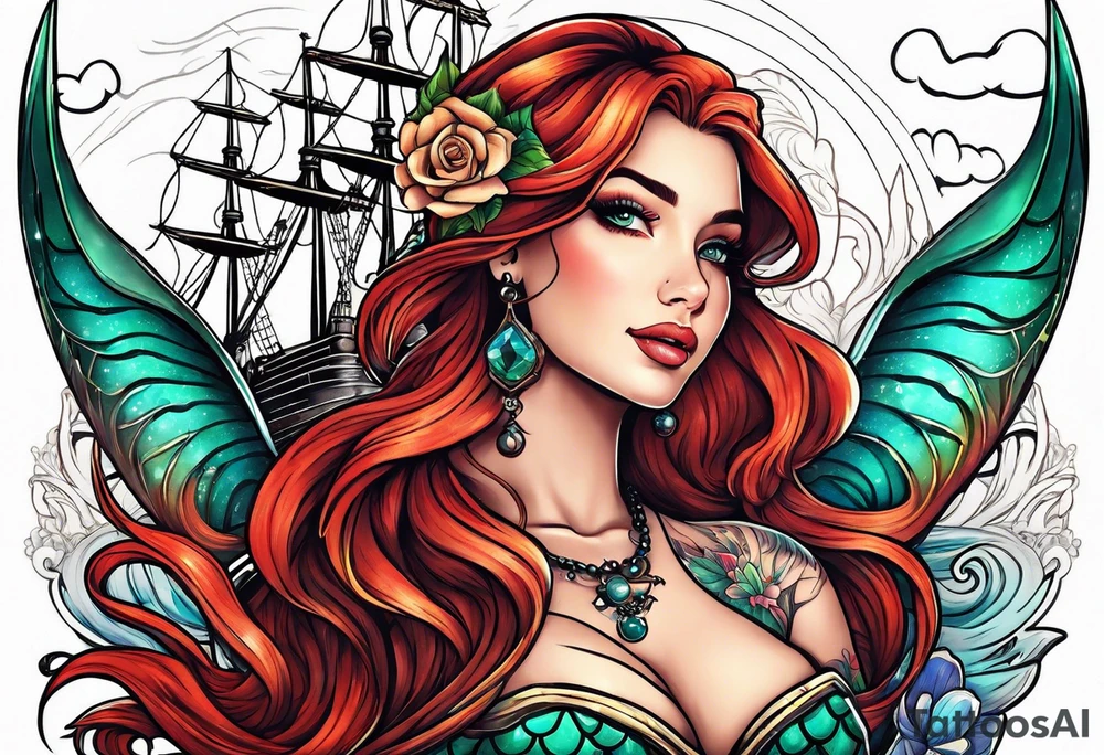 mermaid with galleon ship tattoo idea