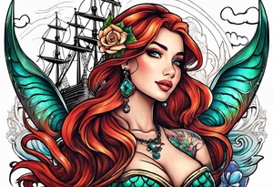 mermaid with galleon ship tattoo idea