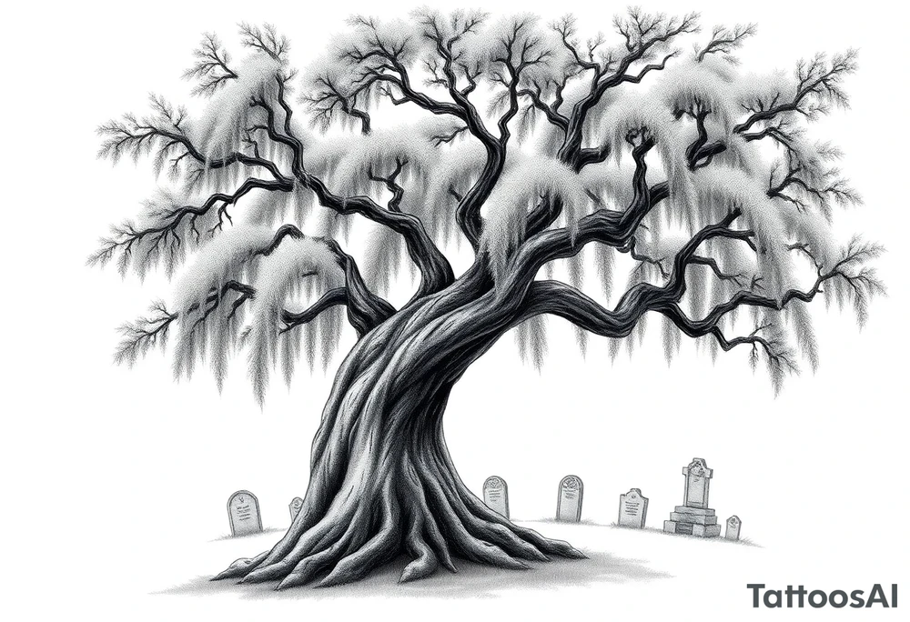 Laurel oak covered in Spanish moss in a cemetery tattoo idea