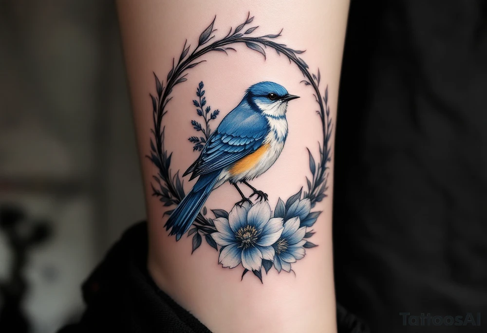 Blue bird in a floral frame tattoo idea