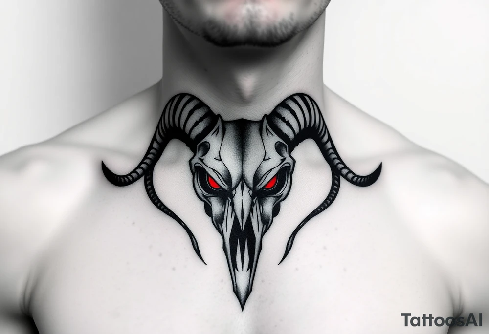 Evil Abstract looking taurus skull chest tattoo with red eyes tattoo idea