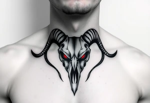 Evil Abstract looking taurus skull chest tattoo with red eyes tattoo idea