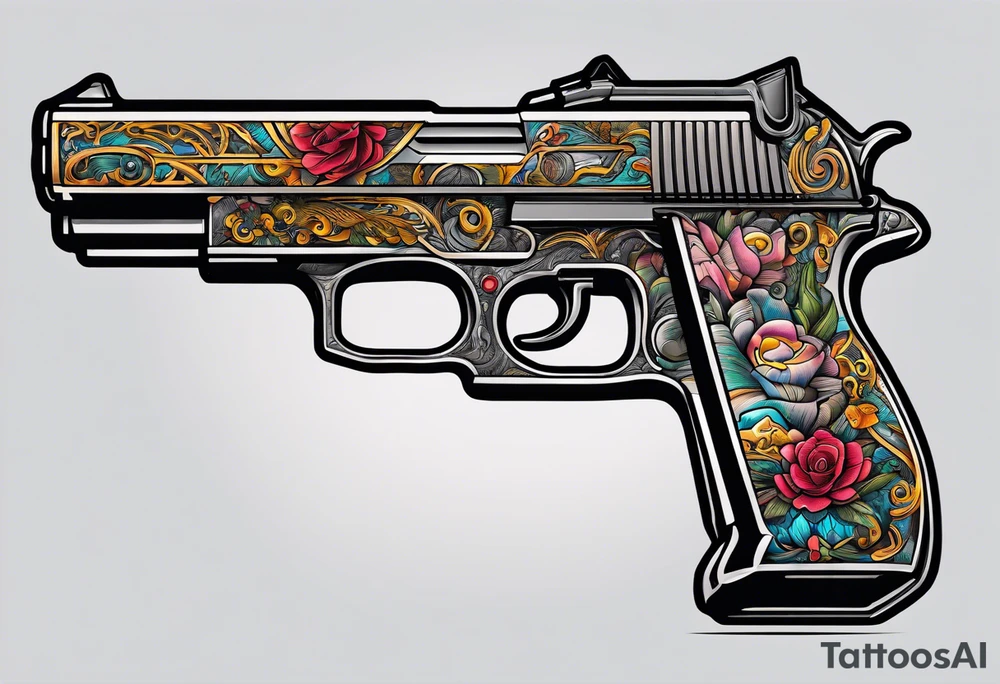 The letters AR with a pistol on each side and the word always on the top and ready on the bottom tattoo idea
