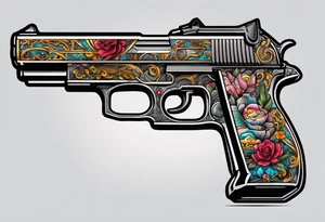 The letters AR with a pistol on each side and the word always on the top and ready on the bottom tattoo idea