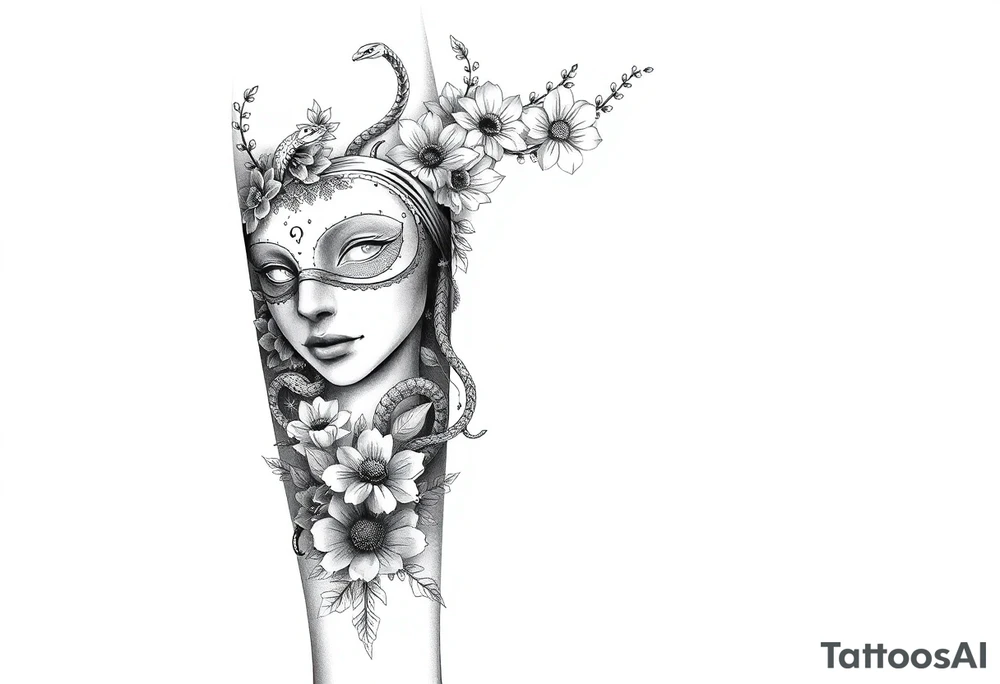 I want a two face masked tattoo with flowers, snakes , vines, jungle like all around On the forearm going down to my hand with cute flowers on it tattoo idea
