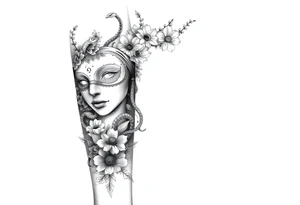 I want a two face masked tattoo with flowers, snakes , vines, jungle like all around On the forearm going down to my hand with cute flowers on it tattoo idea