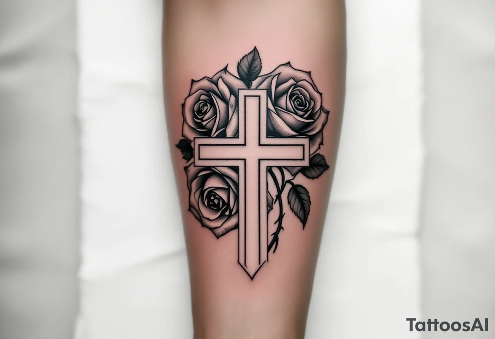 Three Big roses, with a cross outline in the middle tattoo idea