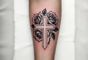 Three Big roses, with a cross outline in the middle tattoo idea