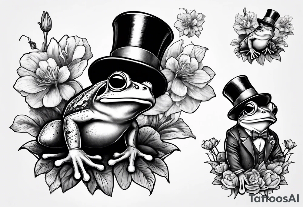 Cute Frog wearing top hat and a suit standing on its Back legs while holding flowers tattoo idea
