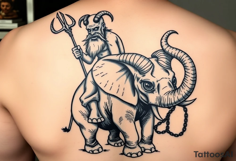 An insanely weird wild crazy man with the biggest eyes I’ve ever seen bulging out of his head with a long beard and bald head and goats horns riding on the back of a miniature elephant no bigger than  HIPPOPOTAMUS holding the devils trident in 1 hand and the other hand holding a chain that’s around the ELEPHANTS neck hanging on as if his life dependent on it the ELEPHANT having HUGE alien eyes bulging out of its head with giant goats horns on it expressing its dislike for people tattoo idea