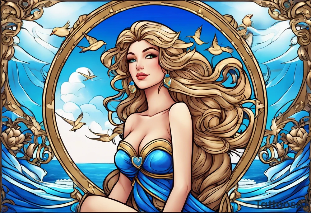 Aphrodite is the goddess of love, with a seaside background, surrounded by birds.. blue roses frames, background blue,present it in a tattoo tattoo idea