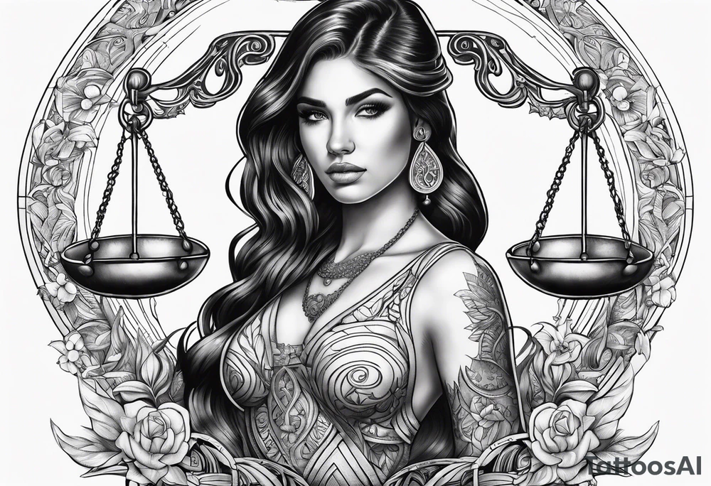Intricate libra scales held by a beautiful woman tattoo idea