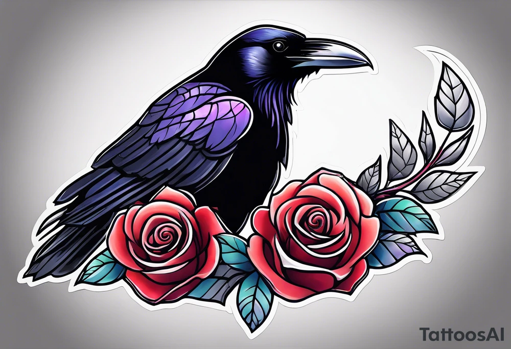 Raven looking back over shoulder with a rose underneath it tattoo idea