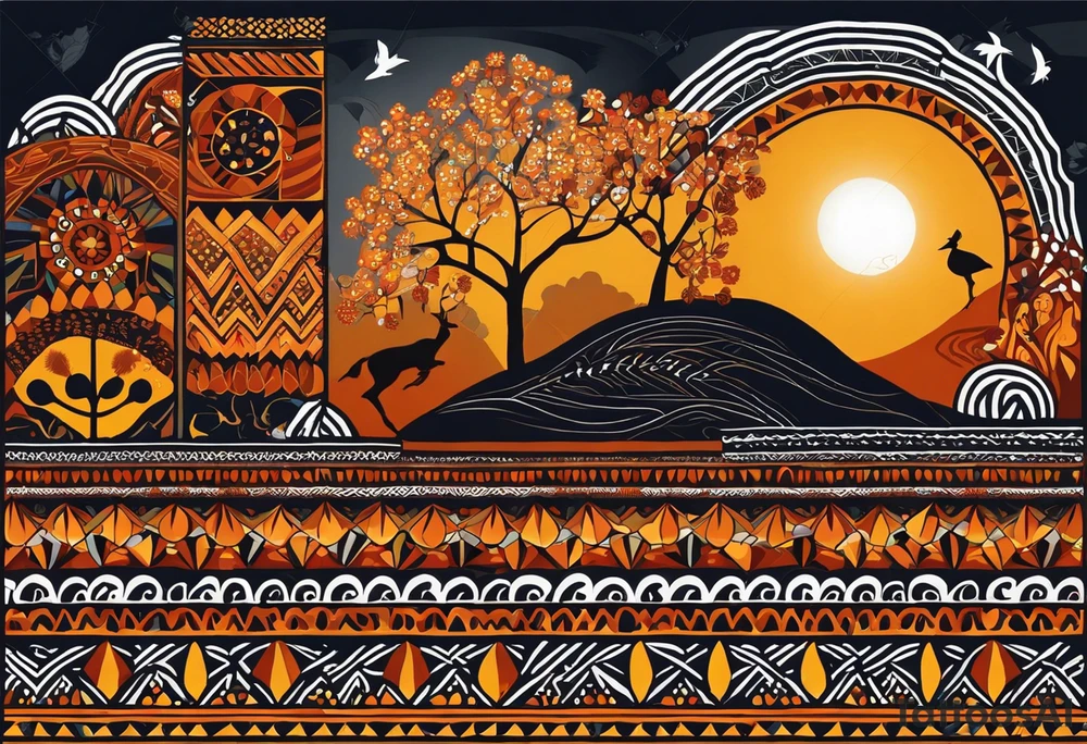 Ornement en longueur du coude à mi bras. Forme géométrique en longueur avec des signes aborigène australiens désignant les kangourous, la vie. Puis dessiner un soleil, des vagues et des feuilles en rapport à l’Australie ou Bali. tattoo idea