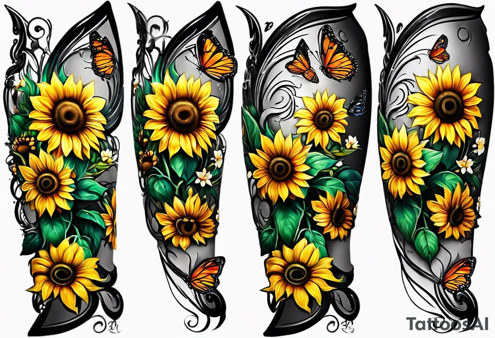 Sunflower and butterfly leg sleeve tattoo idea
