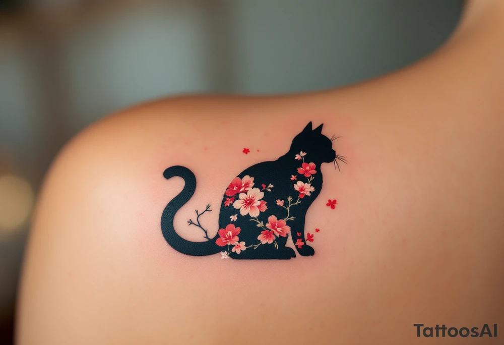 Japanese-Inspired Cat Silhouette – A stylized cat silhouette in black with red cherry blossom patterns and soft white accents. tattoo idea
