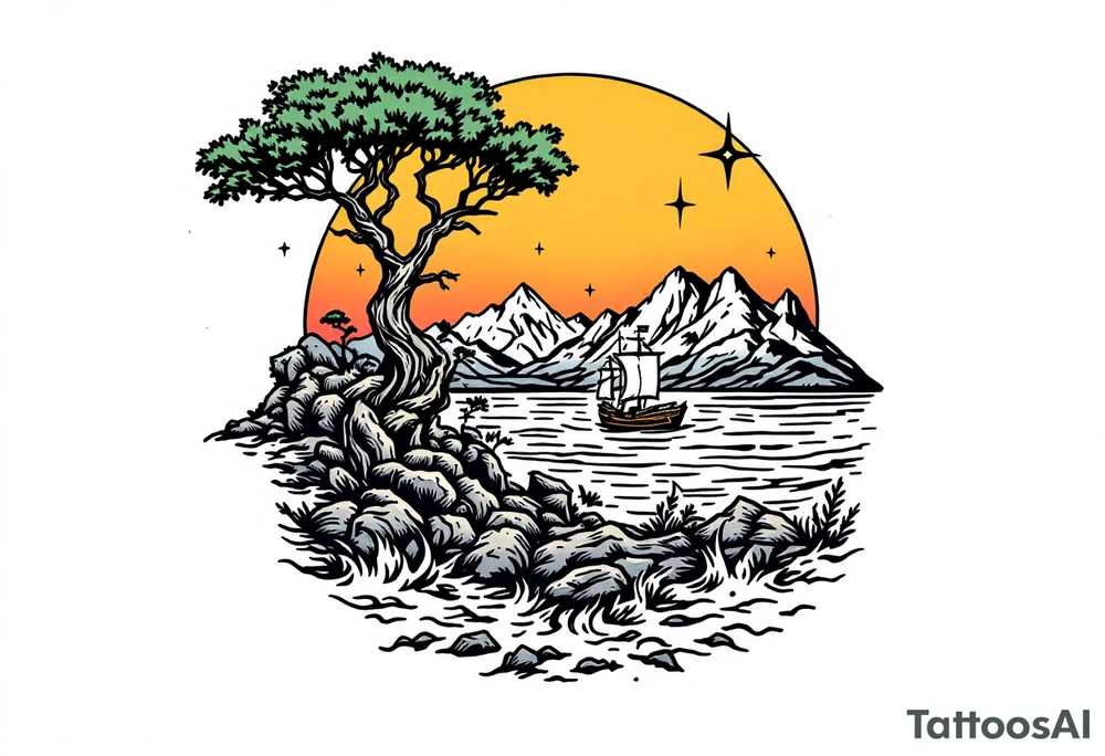 tattoo that has an acacia tree with mountains, ocean with a ship wreck with sharks and the northern star tattoo idea