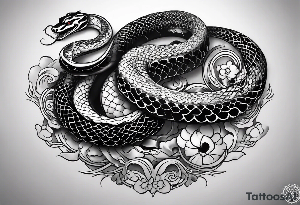 Double headed snake tattoo for placement along the spine in japanese style where the head is positioned at the bottom end of my spine to symbolise a journey of healing and transformation with small reference to ying yang tattoo idea