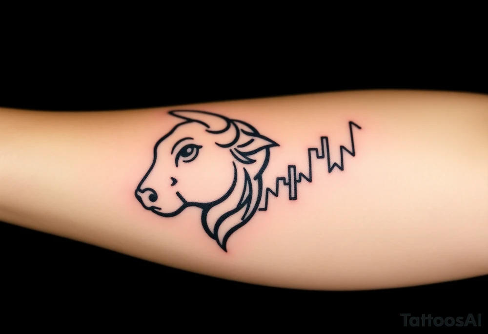 Create a minimalist black line tattoo of a bull’s head that transitions into an upward-trending candlestick stock chart. The design should have clean, fluid lines and combine the bull’s face and horns on the left, with the candlestick chart rising to the right, forming the shape of the bull’s jaw/neck. Keep the style simple and elegant, suitable for a forearm or upper arm tattoo.” tattoo idea
