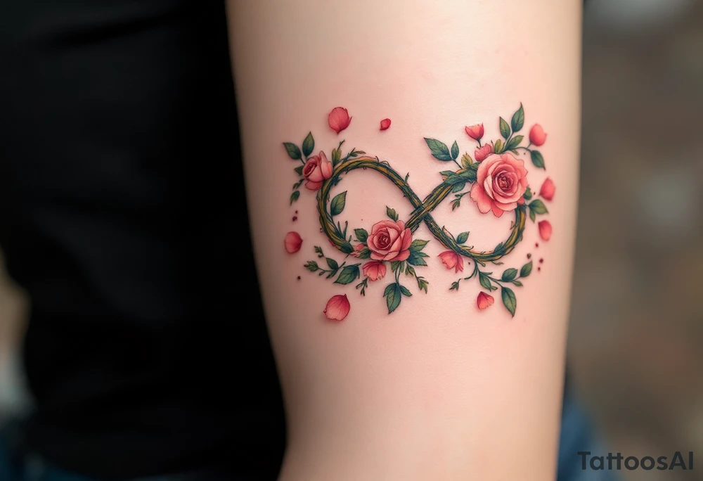 An infinity symbol woven from delicate roses and green vines, with pink petals scattered around. tattoo idea