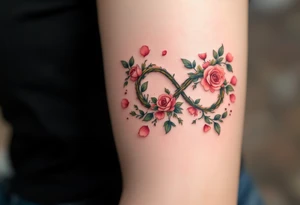 An infinity symbol woven from delicate roses and green vines, with pink petals scattered around. tattoo idea