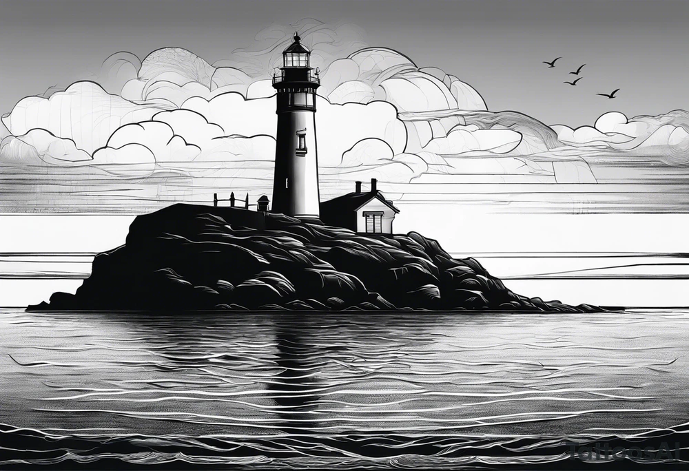 maritime lighthouse partially hidden by its large fixed sail. calm sea reflection. tattoo idea