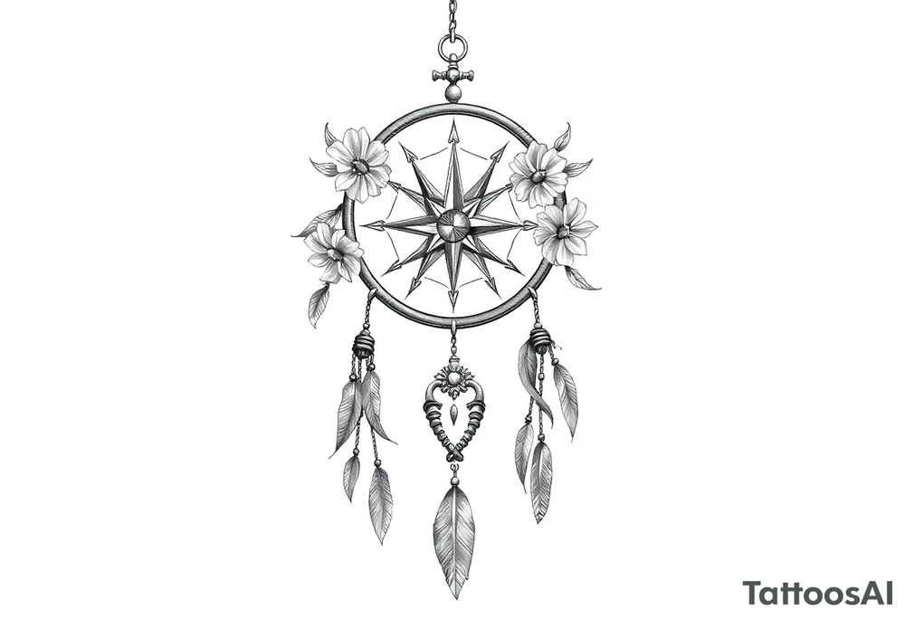 Boho dream catcher with compass and anchor Beautiful flowers and an ornamental chandelier like look tattoo idea