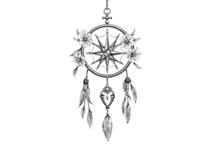 Boho dream catcher with compass and anchor Beautiful flowers and an ornamental chandelier like look tattoo idea