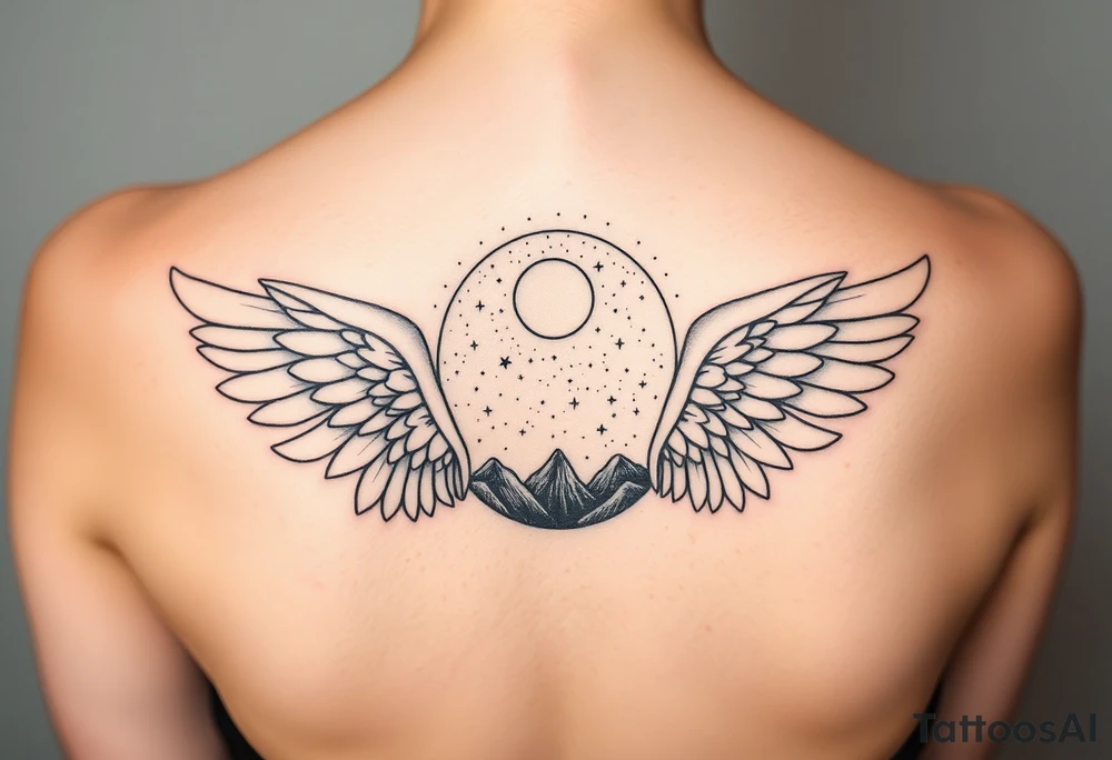 Night sky with constellation, stars & moon seen from a frame of natural landscape angel wings spiritual tattoo idea