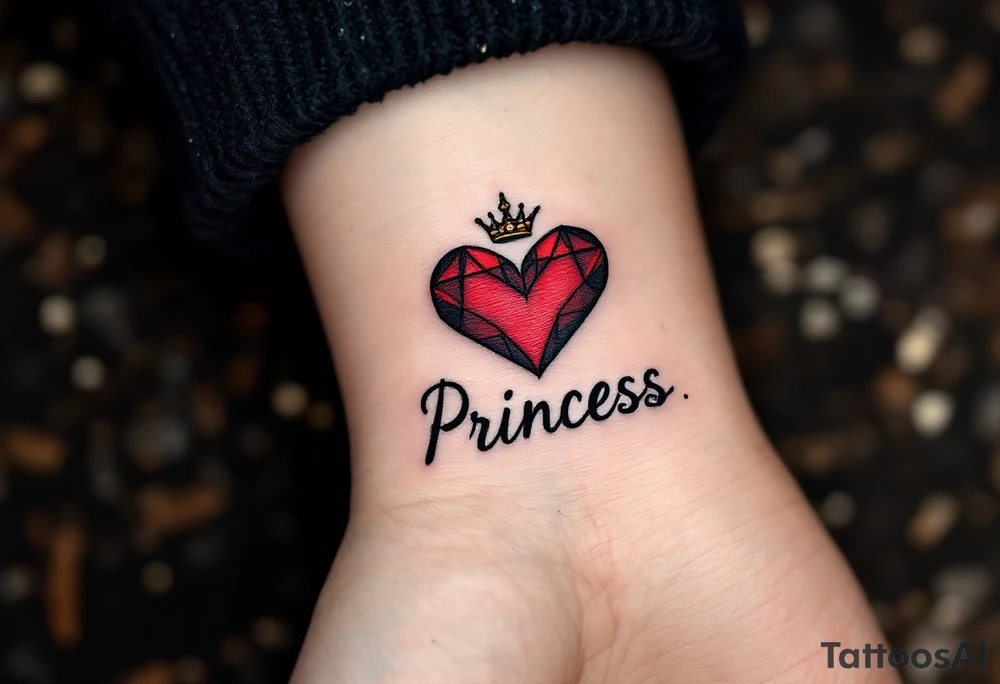 A matching red heart with a tiny crown above it and the word “Princess” in black, celebrating a daughter’s special role. tattoo idea