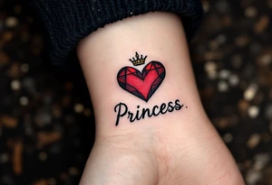 A matching red heart with a tiny crown above it and the word “Princess” in black, celebrating a daughter’s special role. tattoo idea