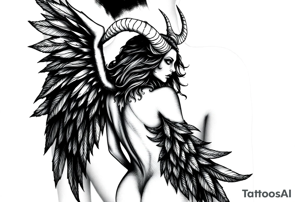 Menacing full body Woman Harpy with horns and lots of feathers tattoo idea