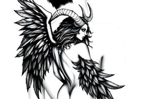 Menacing full body Woman Harpy with horns and lots of feathers tattoo idea