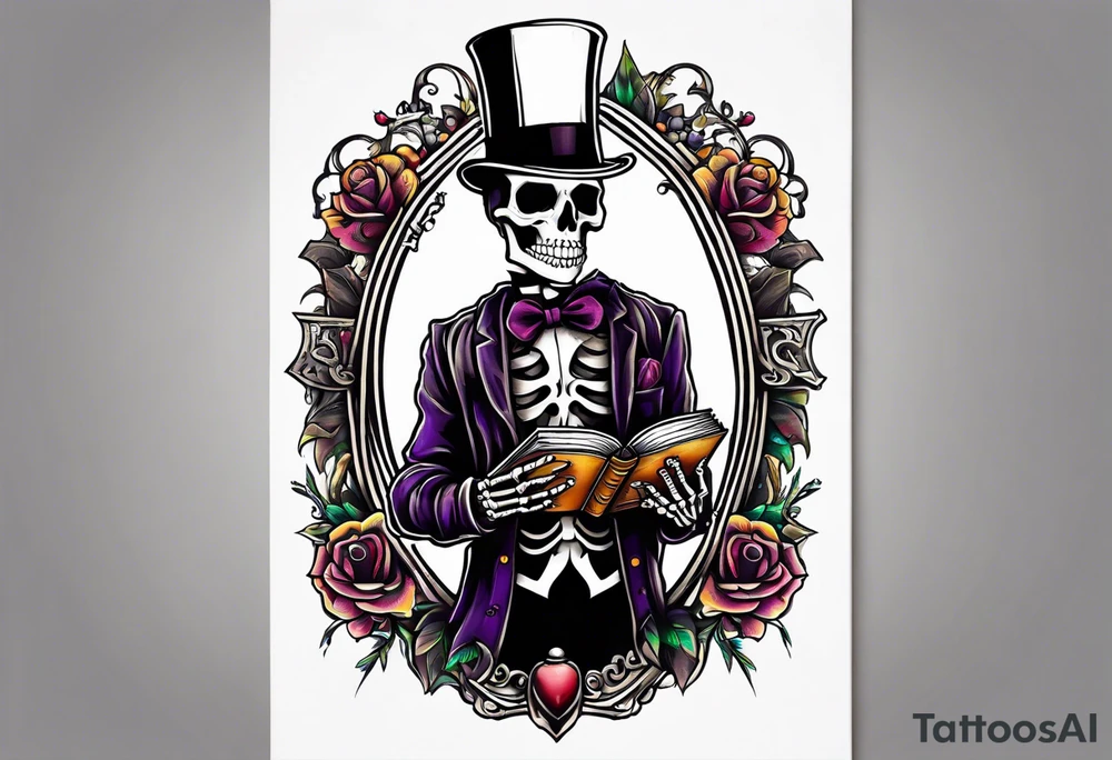 skeleton wearing a top hat holding a holy bible tattoo idea