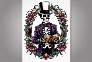 skeleton wearing a top hat holding a holy bible tattoo idea