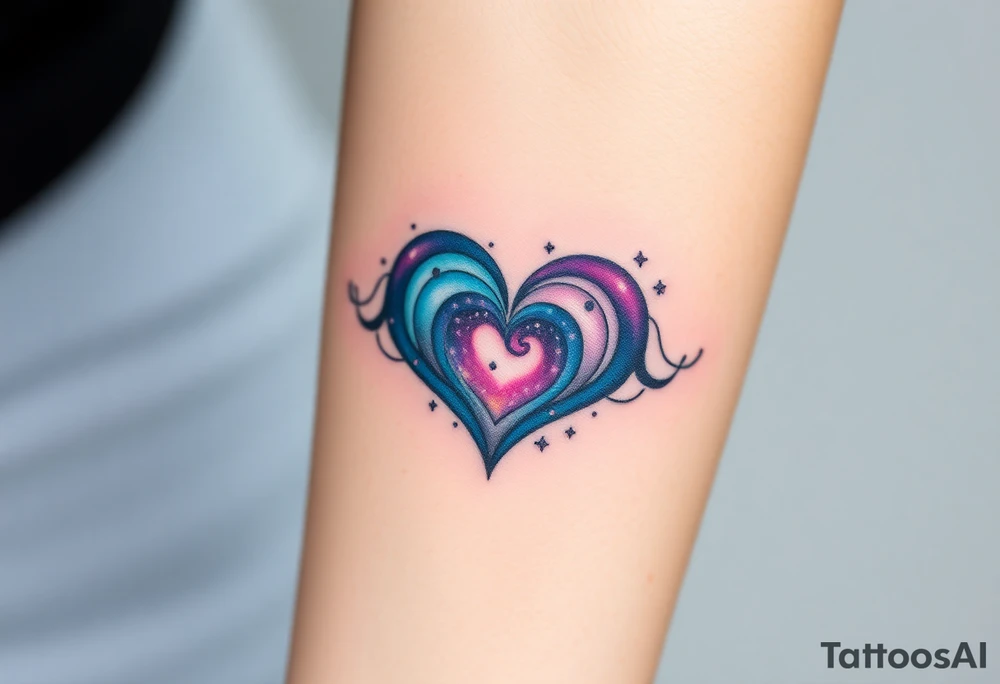 Fully depicted infinity symbol with a heart made of swirling galaxy patterns, featuring deep blues, purples, and subtle stardust tattoo idea