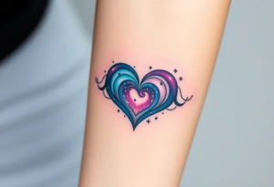 Fully depicted infinity symbol with a heart made of swirling galaxy patterns, featuring deep blues, purples, and subtle stardust tattoo idea