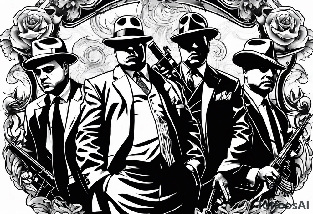 group of gangsters including Al Capone with machine guns surrounded by smoke and fire tattoo idea