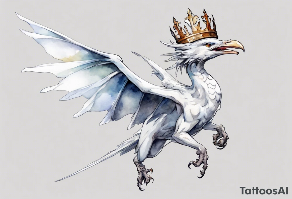 a white bird-wyvern hybrid, wearing a pewter crown on its head, flying in the air tattoo idea