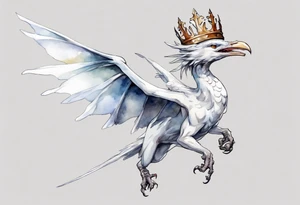 a white bird-wyvern hybrid, wearing a pewter crown on its head, flying in the air tattoo idea