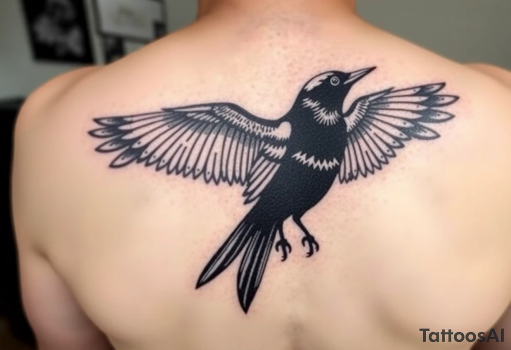 Magpie with spread wings looking over it's shoulder tattoo idea