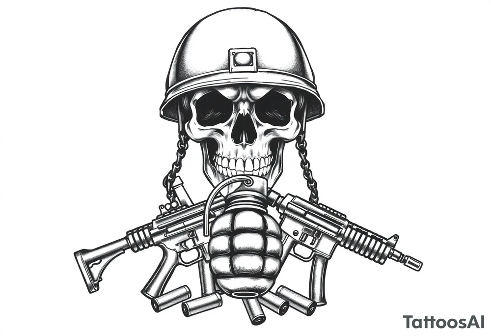A stoic skull in a soldier's helmet, clutching a hand grenade, with crossed assault rifles and loose cartridges. tattoo idea