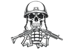 A stoic skull in a soldier's helmet, clutching a hand grenade, with crossed assault rifles and loose cartridges. tattoo idea